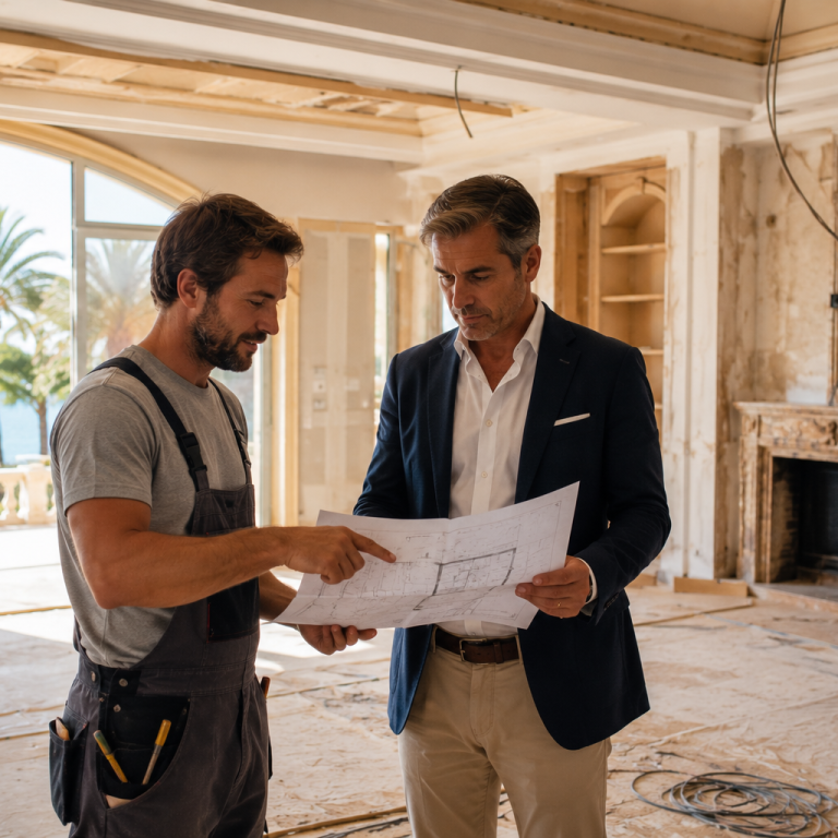 Artisan RDA-06 présentant un devis d'isolation à un propriétaire dans une villa de prestige à Beaulieu-sur-Mer