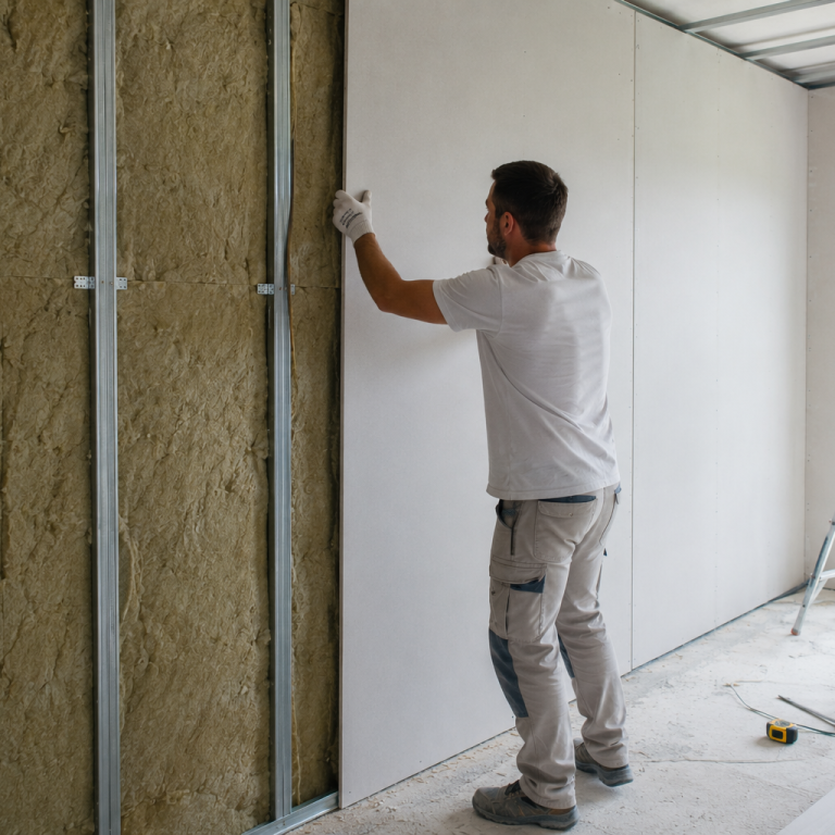 Pose de cloison BA13 avec isolation phonique en laine de roche, travaux d'isolation à Beaulieu-sur-Mer par RDA-06