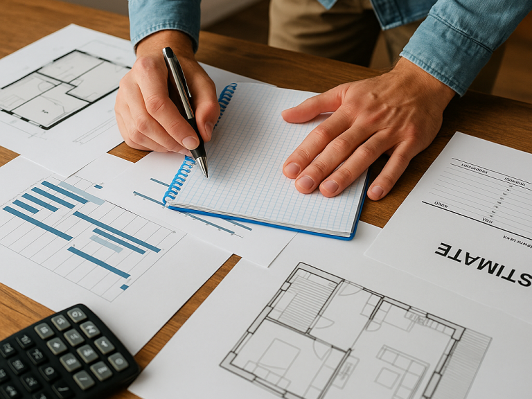 Préparation du budget et du planning pour une rénovation d’appartement avec plans, calculatrice et ordinateur sur la Côte d’Azur